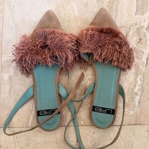 L'Rebelle Pink Fringe Pointed-Toe Slingback Flats